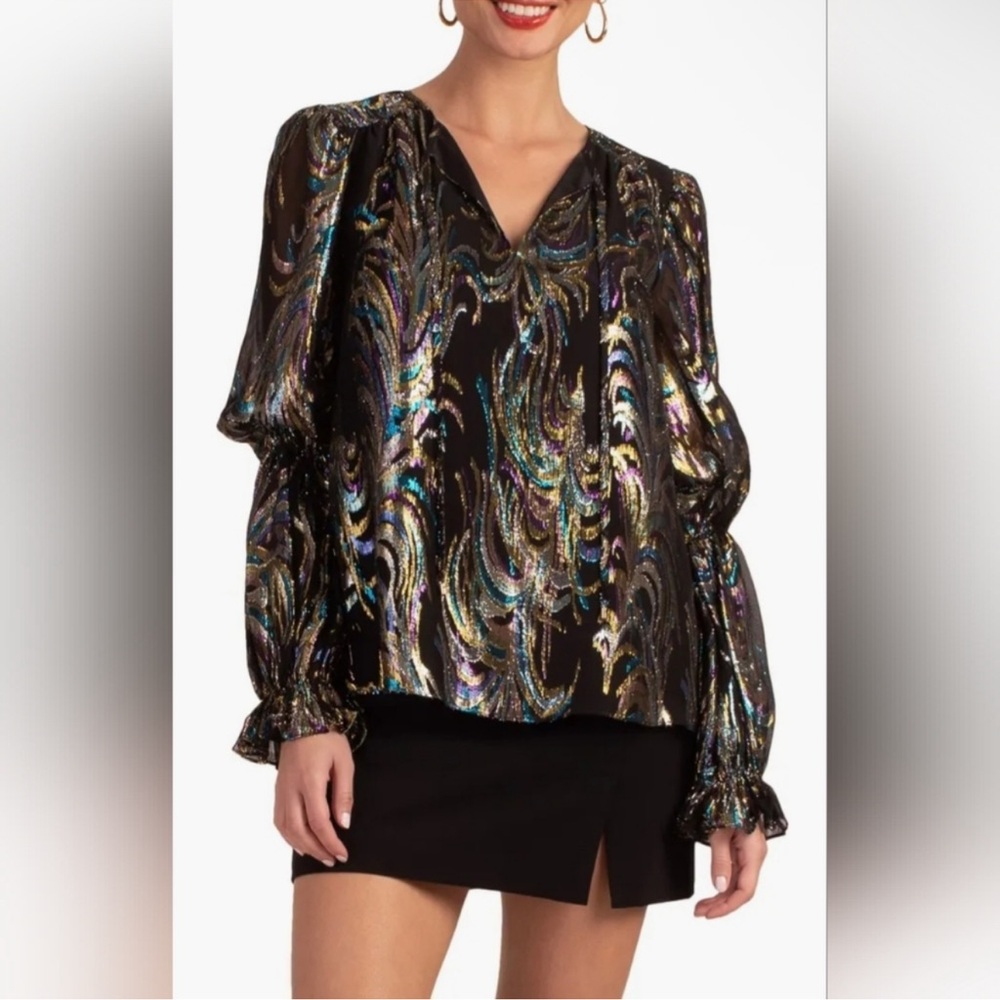 Trina Turk Black Ambrosial Silk Blend Top in Multicolor Metallic, Size Large